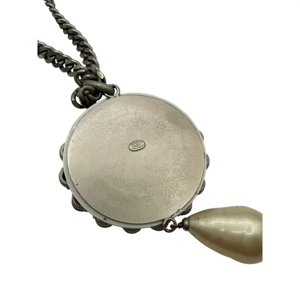 Chanel Fall 2000 Crystal CC Pearl Drop Medallion Necklace on Gunmetal Chain